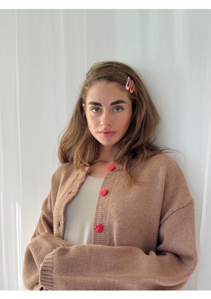 Kalp Düğmeli Simli Hırka Kadın Camel indirimleri