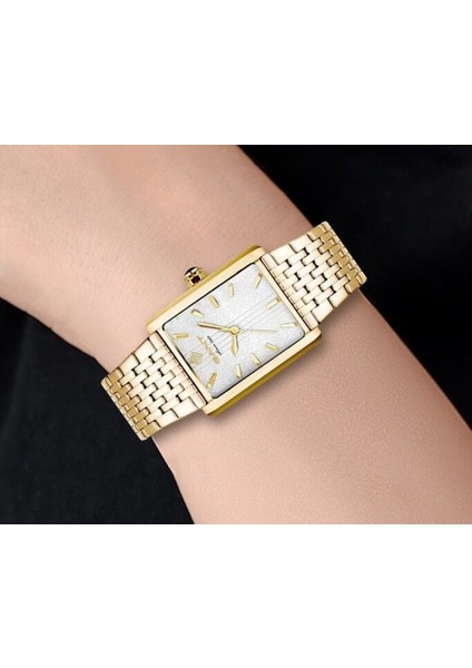 G173002 Kadın Kol Saati – Dikdörtgen Kasa, Altın Renk Çelik Kordon, Şık ve Zarif Tasarım indirimleri