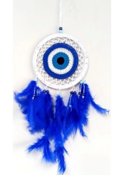 Saks Mavisi Kuş Tüylü Dream Catcher Nazar Boncuğu Motifli Düş Kapanı Duvar Süsü
