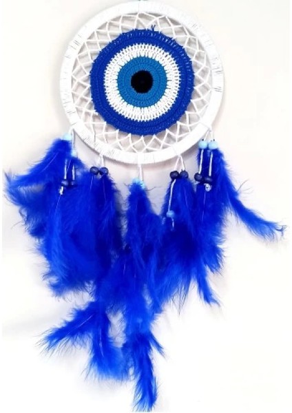 Saks Mavisi Kuş Tüylü Dream Catcher Nazar Boncuğu Motifli Düş Kapanı Duvar Süsü fiyatları