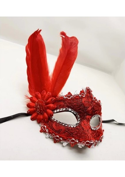 Kırmızı Renk Tüylü Dantelli Gözleri Taşlı Balo Parti Maskesi fiyatları