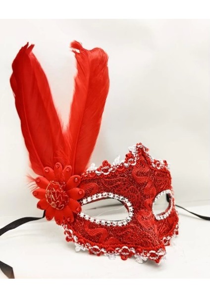Kırmızı Renk Tüylü Dantelli Gözleri Taşlı Balo Parti Maskesi fırsatları