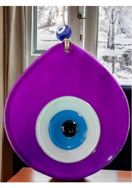 Orta Boy Şeffaf Mor Damla Desen Nazar Boncuklu Duvar Dekoru Cam Duvar Süsü