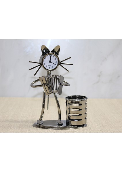 Metal Akordiyon Çalan Müzisyen Kedi Müzisyen Saat ve Kalemlik