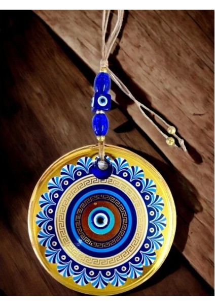 Gold Cam Üzeri Mavi Motifli Nazar Boncuklu Göz Detaylı Duvar Süsü