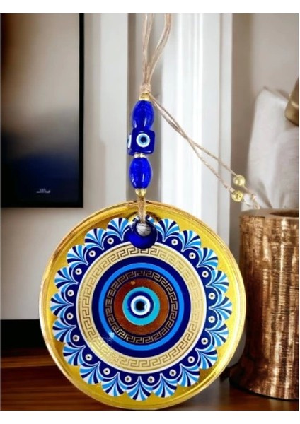 Gold Cam Üzeri Mavi Motifli Nazar Boncuklu Göz Detaylı Duvar Süsü indirimleri