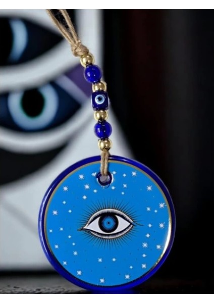 Açık Mavi Yıldız Işlemeli Göz Model Duvar Süsü Nazar Boncuklu Duvar Dekoru