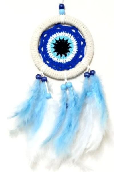Nazar Boncuğu Motifli Bebe Mavisi ve Beyaz Kuş Tüylü Düş Kapanı Duvar Süsü