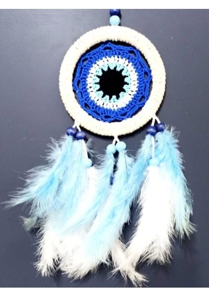 Nazar Boncuğu Motifli Bebe Mavisi ve Beyaz Kuş Tüylü Düş Kapanı Duvar Süsü modelleri
