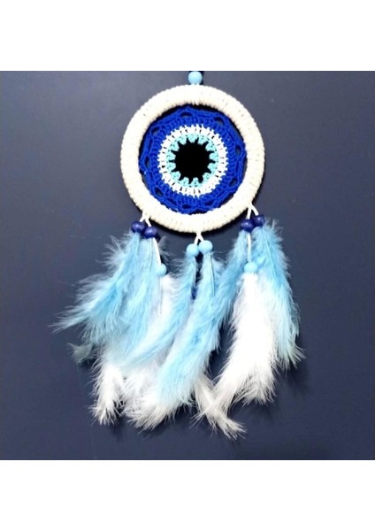 Nazar Boncuğu Motifli Bebe Mavisi ve Beyaz Kuş Tüylü Düş Kapanı Duvar Süsü fırsatları