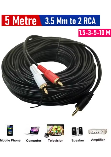3.5mm To 2 Rca Stereo Lale 2 x Rca Aux Ses Kablosu (5 Metre)