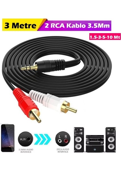 2 Rca Aux 3.5 mm To 2rca Stereo Lale Aux Ses Kablosu (3 Metre)