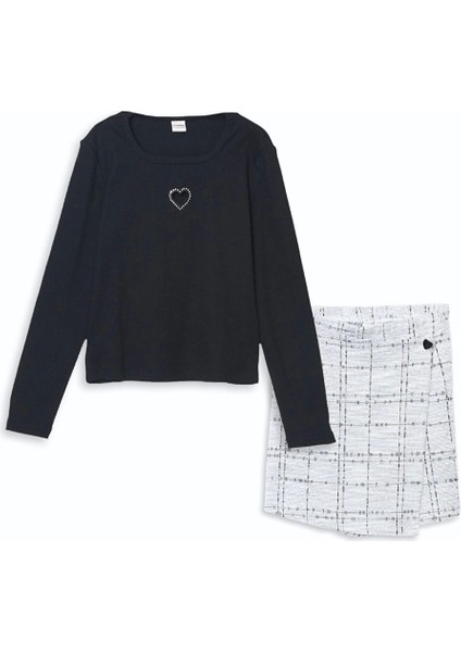 Lcw Kids Siyah Bisiklet Yaka Kız Çocuk Tişört ve Şort Etek