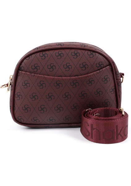 Monogram Baskılı Bordo SHK194 Suni Deri Fermuarlı 2 Bölmeli Ayarlanabilir Kolon Askılı Omuz Çantası