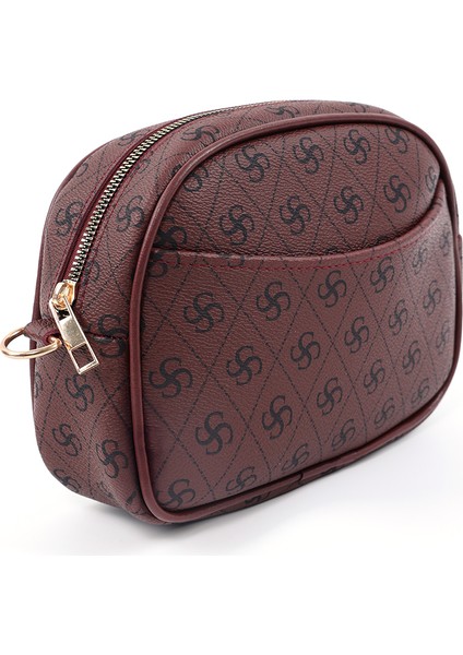Monogram Baskılı Bordo SHK194 Suni Deri Fermuarlı 2 Bölmeli Ayarlanabilir Kolon Askılı Omuz Çantası fiyatları
