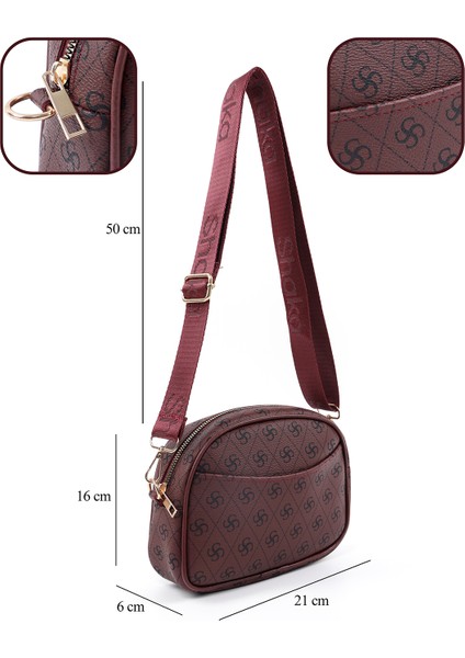 Monogram Baskılı Bordo SHK194 Suni Deri Fermuarlı 2 Bölmeli Ayarlanabilir Kolon Askılı Omuz Çantası fırsatları
