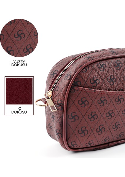 Monogram Baskılı Bordo SHK194 Suni Deri Fermuarlı 2 Bölmeli Ayarlanabilir Kolon Askılı Omuz Çantası indirimleri