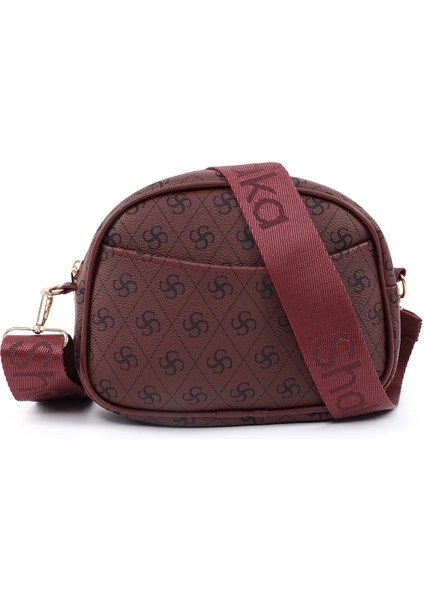 Monogram Baskılı Bordo SHK194 Suni Deri Fermuarlı 2 Bölmeli Ayarlanabilir Kolon Askılı Omuz Çantası