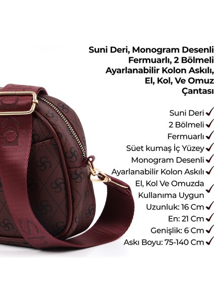 Monogram Baskılı Bordo SHK194 Suni Deri Fermuarlı 2 Bölmeli Ayarlanabilir Kolon Askılı Omuz Çantası