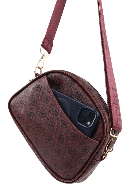 Monogram Baskılı Bordo SHK194 Suni Deri Fermuarlı 2 Bölmeli Ayarlanabilir Kolon Askılı Omuz Çantası