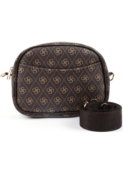 Monogram Baskılı Kahverengi SHK194 Suni Deri Fermuarlı 2 Bölmeli Ayarlanabilir Kolon Askılı Omuz Çantası