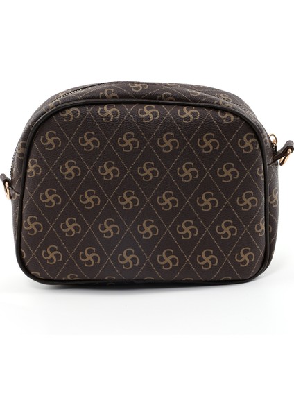 Monogram Baskılı Kahverengi SHK194 Suni Deri Fermuarlı 2 Bölmeli Ayarlanabilir Kolon Askılı Omuz Çantası modelleri