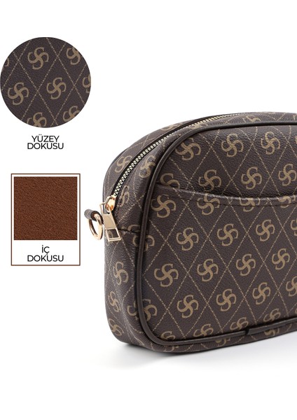 Monogram Baskılı Kahverengi SHK194 Suni Deri Fermuarlı 2 Bölmeli Ayarlanabilir Kolon Askılı Omuz Çantası indirimleri