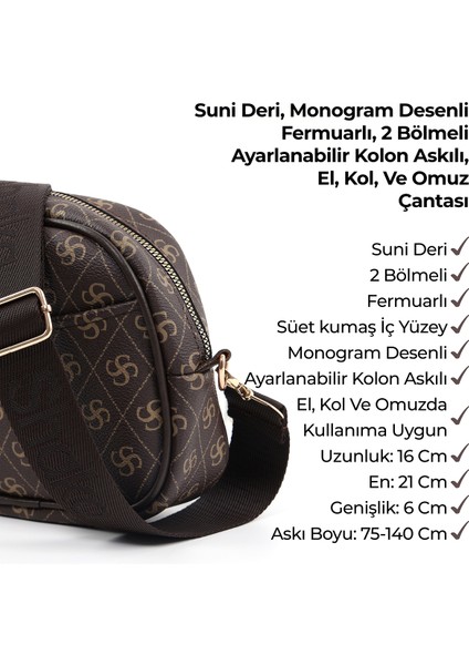 Monogram Baskılı Kahverengi SHK194 Suni Deri Fermuarlı 2 Bölmeli Ayarlanabilir Kolon Askılı Omuz Çantası