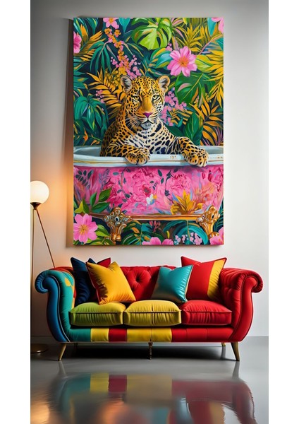 Çiçek Desenli Küvette Kaplan Ev Duvar Salon Güzellik Salonu Ofis Dükkan Dekarasyon Kanvas Tablo