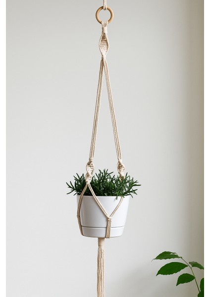 Makrome Ip Askı Saksılık Çiçeklik (1 Adet Ahşap Askılık Hediyeli)