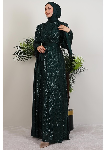 Göğsü V Drapeli Elbise Zümrüt