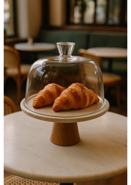 Traverten 25 cm Ahşap Konik Ayaklı Beyaz Cam Fanus