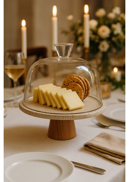 Traverten 25 cm Ahşap Konik Ayaklı Beyaz Cam Fanus fiyatları