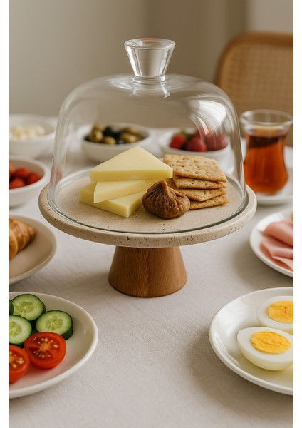 Traverten 25 cm Ahşap Konik Ayaklı Beyaz Cam Fanus fırsatları