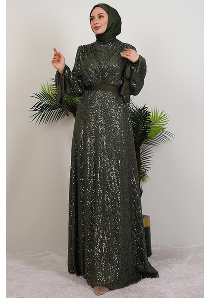 Göğsü V Drapeli Elbise Haki