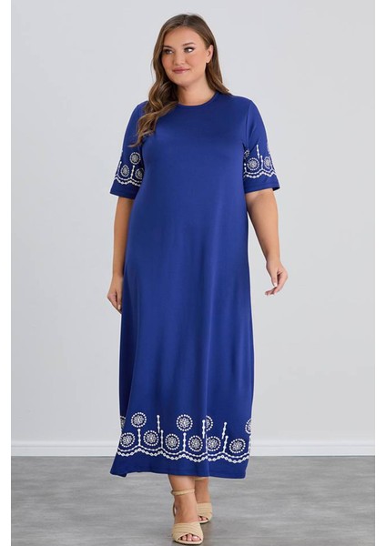 Kadın Aysar Kısa Kol Baskılı Iki Ip Boydan Mavi Elbise