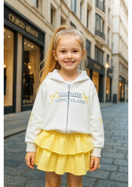 Romantic Kat Kat Etekli Kapüşonlu Kız Çocuk 2 li takım - Sari