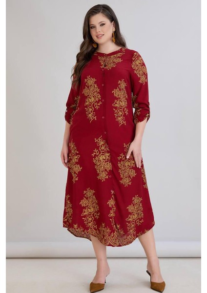 Kadın Fatoş Cep Detaylı Dokuma Viskon Kırmızı Gömlek Elbise