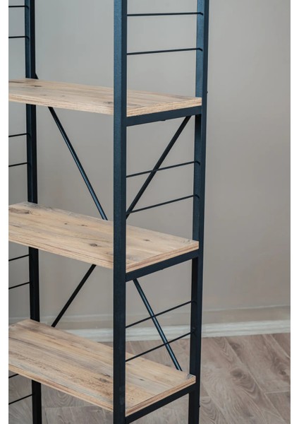 Modern Nordic 5 Raflı Meşe Kitaplık & Dekoratif Raf Ünitesi Ahşap Detaylı Çok Amaçlı Organizer