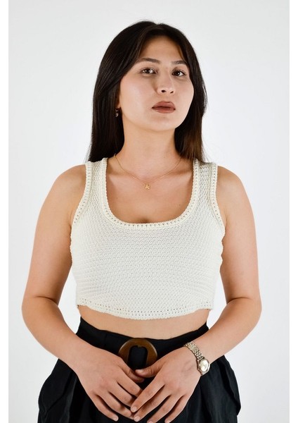 Kroşe Triko Crop Bluz - Ekru