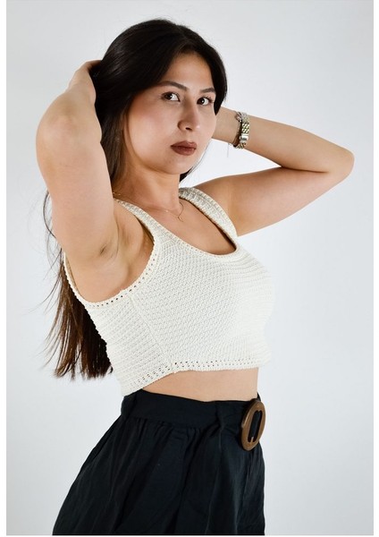 Kroşe Triko Crop Bluz - Ekru fırsatları