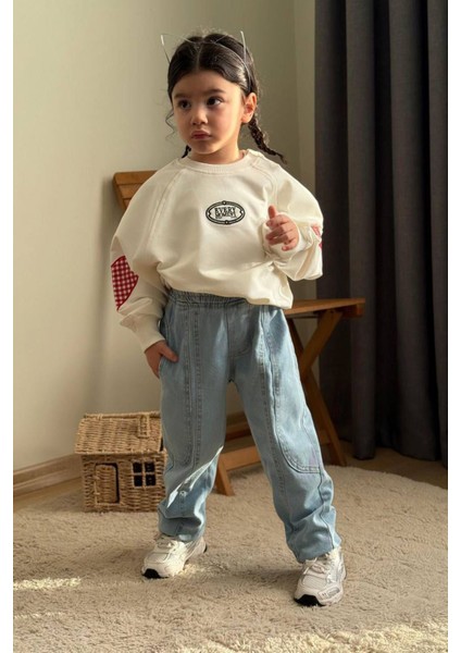 Ekose Kalp Desenli Kot Pantolonlu Kız çocuk takım - Beyaz modelleri