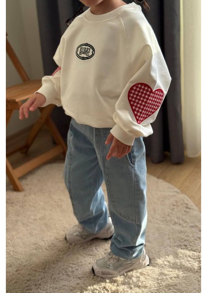 Ekose Kalp Desenli Kot Pantolonlu Kız çocuk takım - Beyaz fırsatları