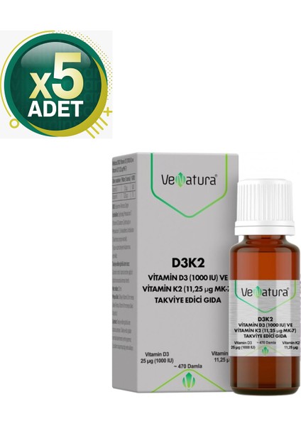 D3K2 Vitamin D3 ve Vitamin K2 Damla Takviye Edici Gıda 20 ml 5 Adet