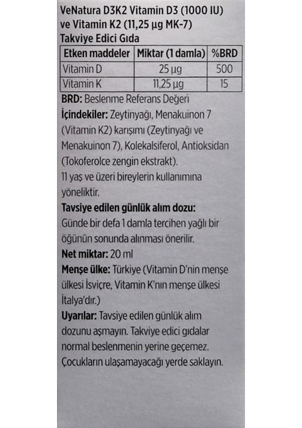 D3K2 Vitamin D3 ve Vitamin K2 Damla Takviye Edici Gıda 20 ml 5 Adet fırsatları
