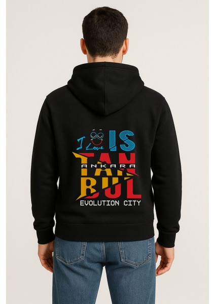 I Love Istanbul Evolution City Baskılı Oversize Hoodie – Unisex Kapüşonlu Sweatshirt