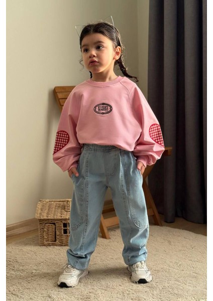 Ekose Kalp Desenli Kot Pantolonlu Kız çocuk takım - Pembe