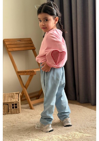 Ekose Kalp Desenli Kot Pantolonlu Kız çocuk takım - Pembe fiyatları