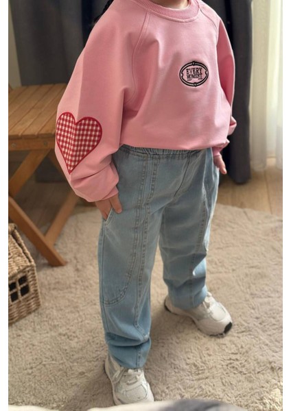 Ekose Kalp Desenli Kot Pantolonlu Kız çocuk takım - Pembe modelleri