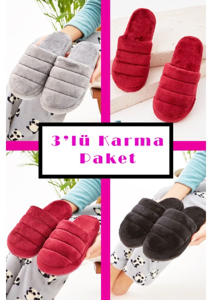 3'lü Paket Ev Terliği Çeyiz Terliği Kışlık Terlik Ses Yapmaz Hafif Taban Taban